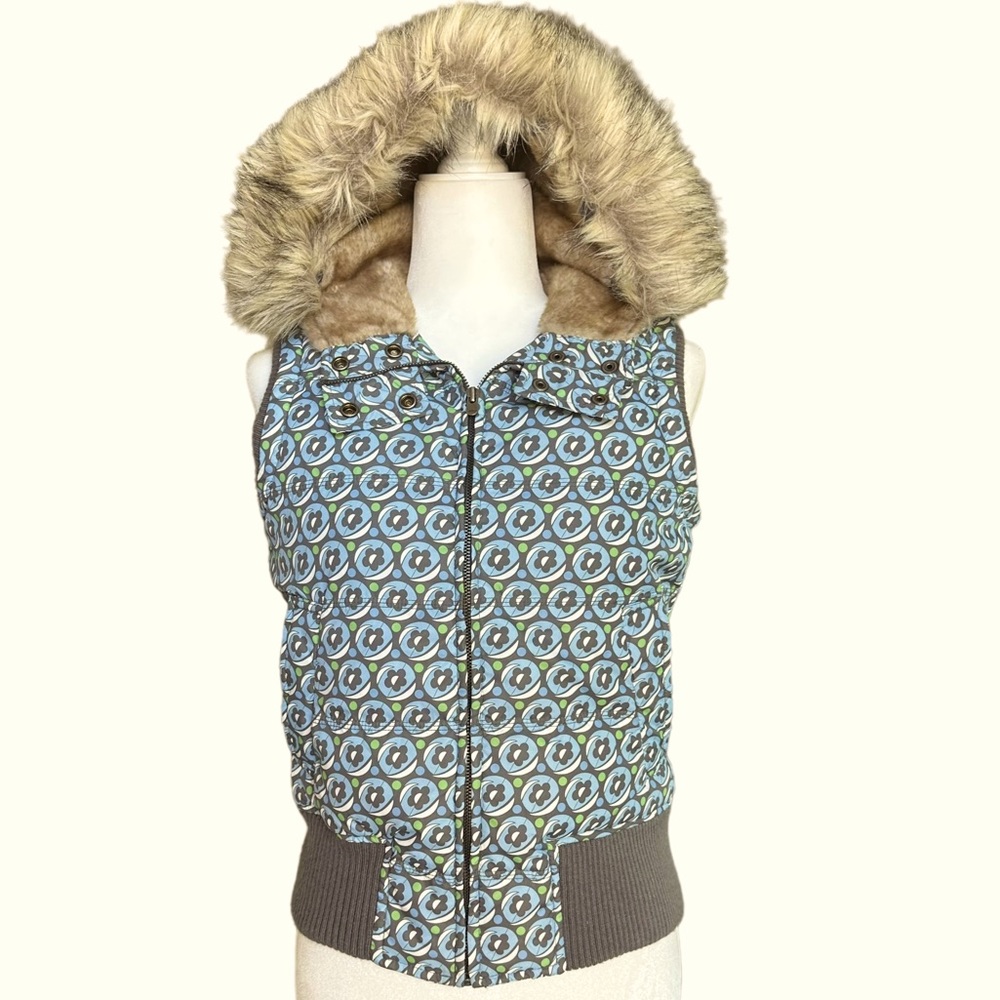 Aeropostale Women’s Puffer Vest Fur Hood Blue Pattern Sz M